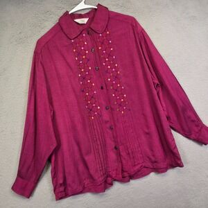 VTG Karavan Blouse Womens S Purple Pleated Floral Embroidered Cottagecore Modest